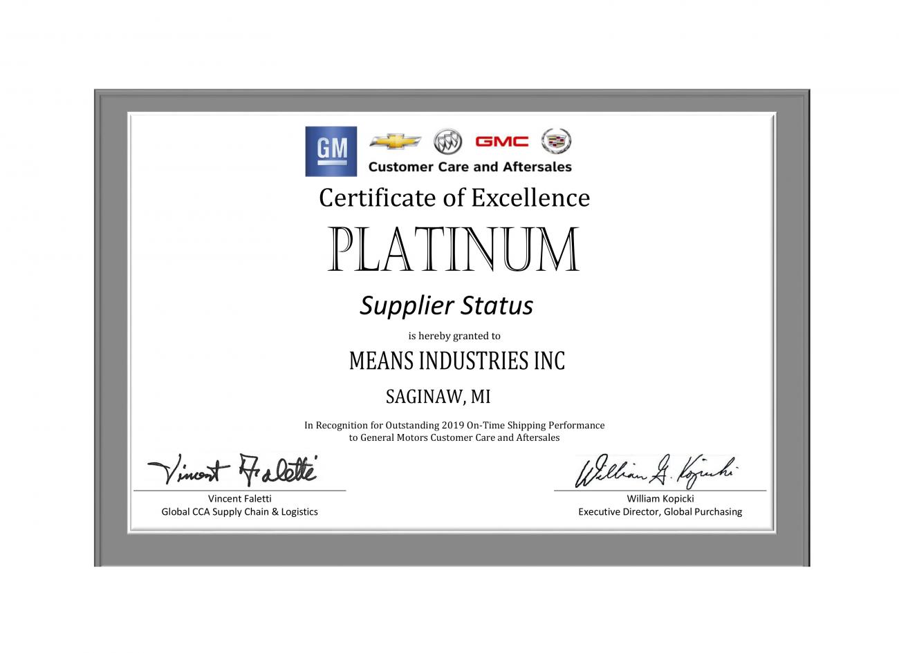 Means Industries Certificate of Excellence