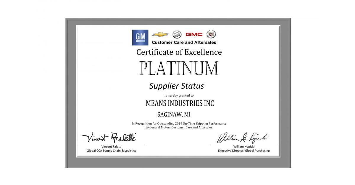 Means Industries earns GM's Silver Supplier Status