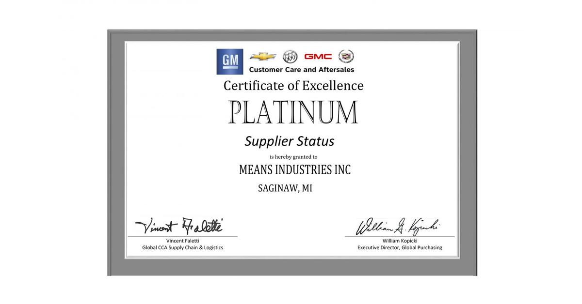 Means Industries GM Silver Supplier Status Award